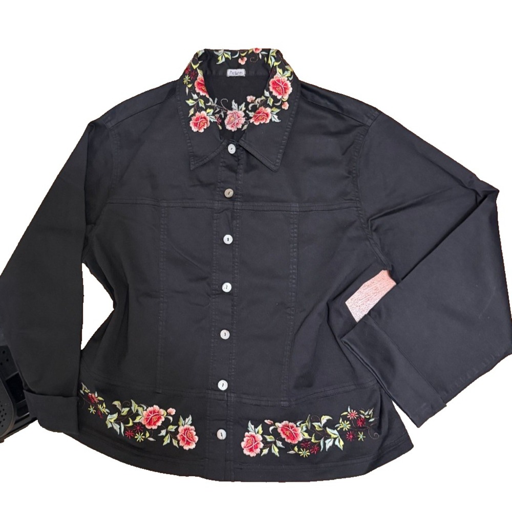 Vintage Johnny Was Pictures Black Embroider Floral Jacket Blouse M Cotton Twill